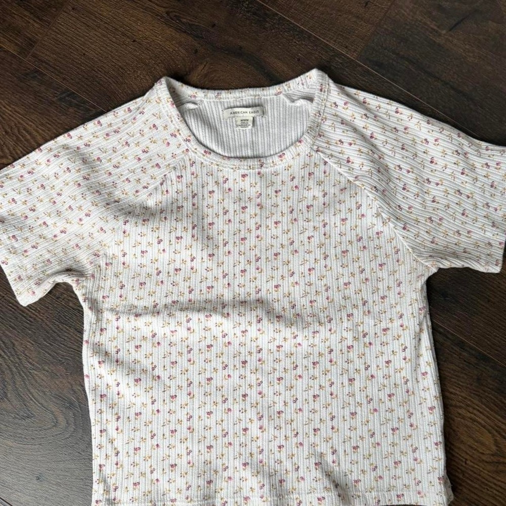 American Eagle Women White Floral Ribbed Knit Raglan Short Sleeve Size M 0047